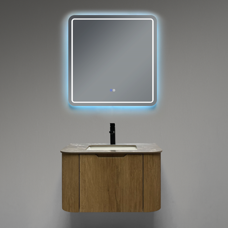 Curved fluted timber wall hung vanity 600 750 mm