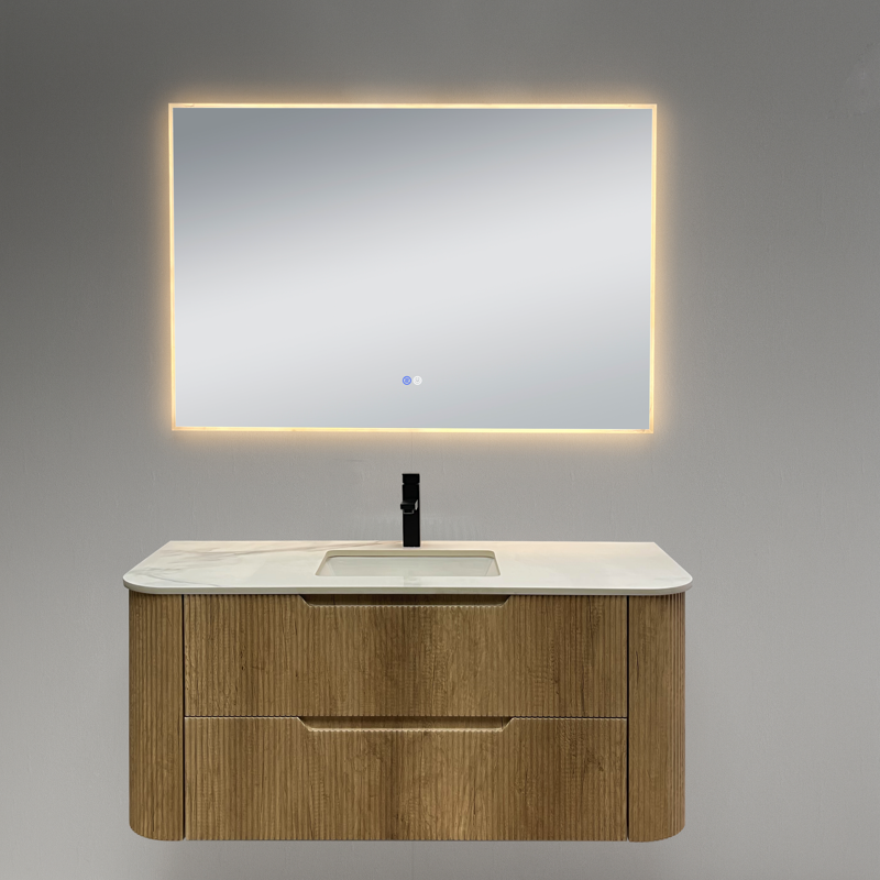Curved fluted timber wall hung waterproof vanity 900 1200 mm