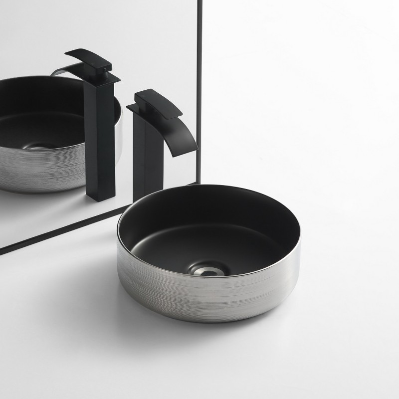 RE603 Brushed Silver & Matte Black Round Ceramic Basin